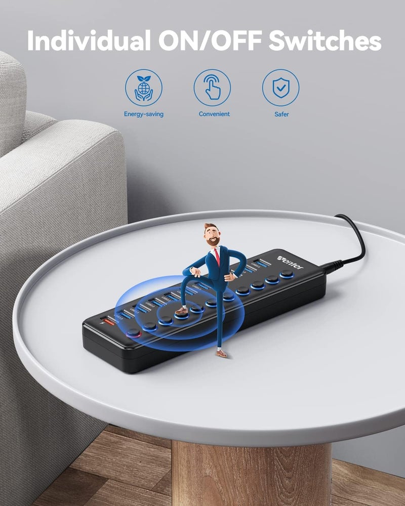 Wenter Powered USB Hub, 11-Port USB Splitter Hub (10 Faster Data Transfer Ports+ 1 Smart Charging Port) with Individual LED On/Off Switches, USB Hub 3.0 Powered with Power Adapter for Mac, PC - Image 4